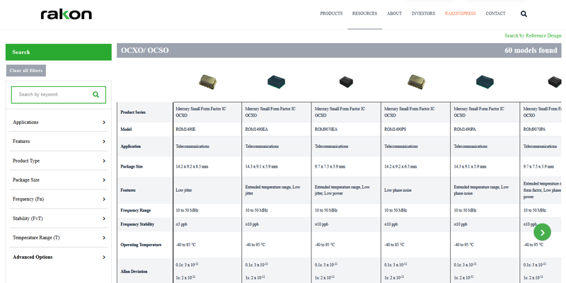 Rakon 製 周波数制御製品 (OCXO, OCSO 等) | 水晶発振器 タイミング・ソリューション